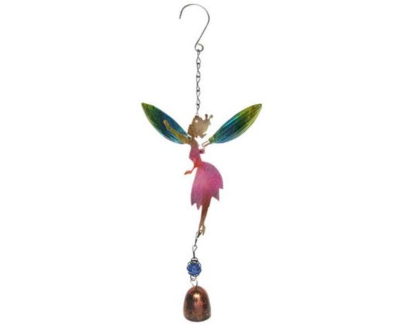 Delicate pink glass fairy chime with intricate wings, perfect for adding whimsy to gardens and patios.