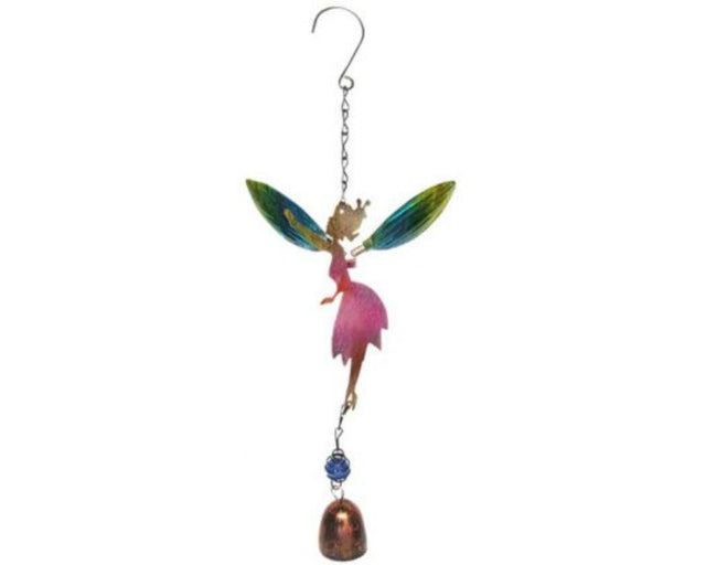 Delicate pink glass fairy chime with intricate wings, perfect for adding whimsy to gardens and patios.