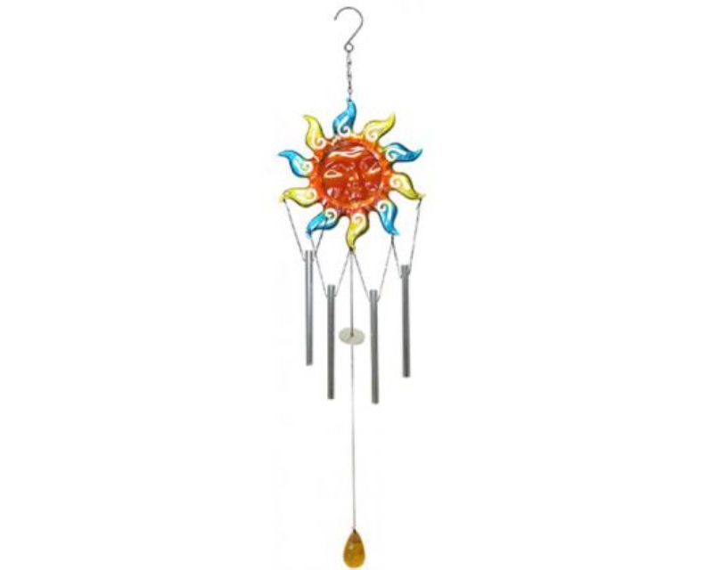 Elegant blue glass sun chimes with metal sun face and 4 soothing chimes, perfect for outdoor decor and serenity.