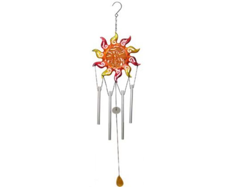 Vibrant red glass sun chimes with four soothing chimes, perfect for enhancing garden aesthetics and creating a serene atmosphere.