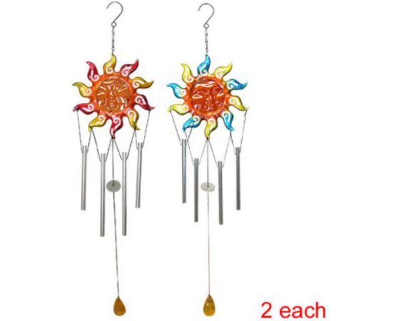 Set of 4 metal sun chimes with vibrant stained glass faces, designed for a serene outdoor ambiance.