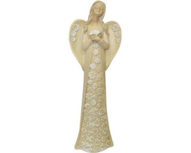 Elegant angel ornament in a floral dress, 20 cm tall, adding charm and serenity to any decor.