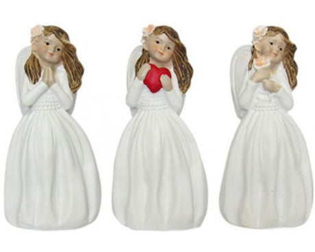 Set of 3 delicate white resin angel ornaments, each 10 cm tall, perfect for enhancing holiday or year-round decor.