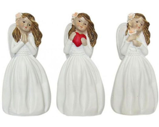 Set of 3 delicate white resin angel ornaments, each 10 cm tall, perfect for enhancing holiday or year-round decor.