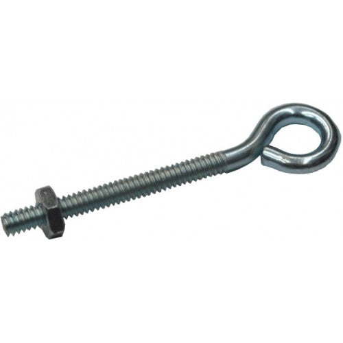 Zinc-plated eye bolt with nut, 2-1/2 inches long, 14mm inside eye, corrosion-resistant for secure fastening.