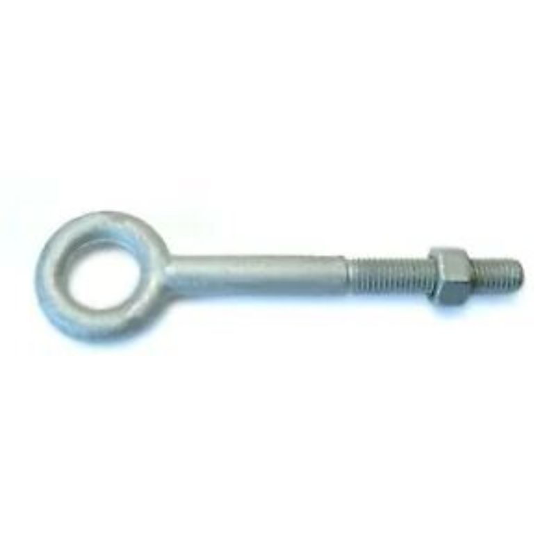 Hot dipped galvanised eye bolt and nut, 6 x 3/8 inch, for heavy-duty anchoring and fastening in various applications.