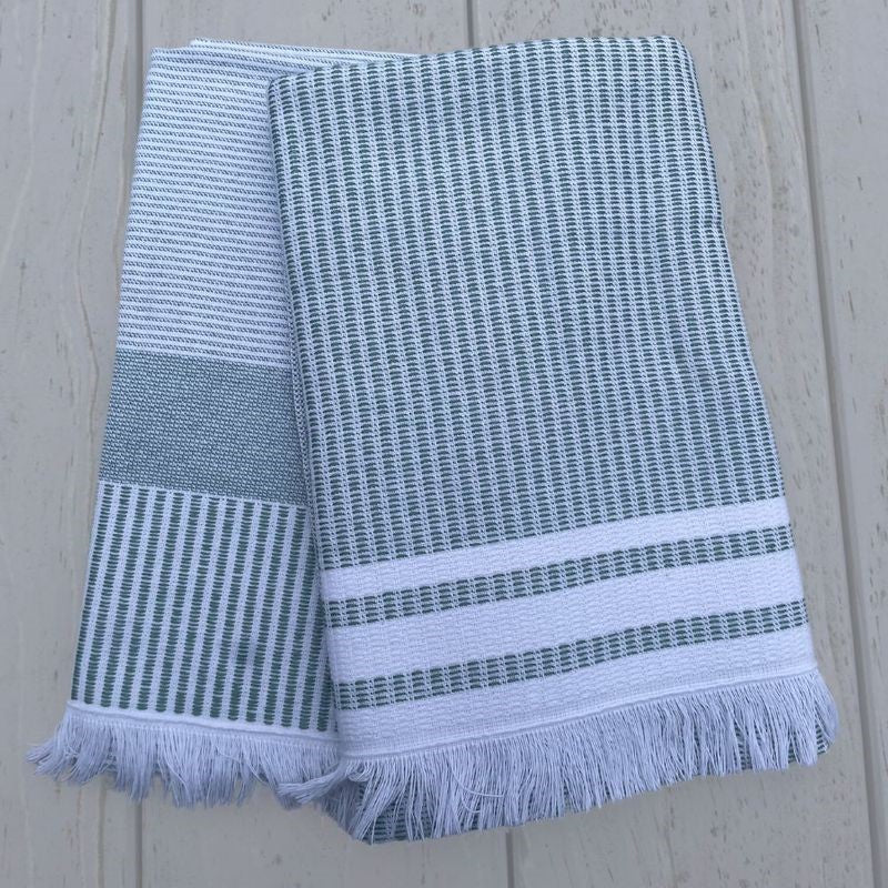 Set of 2 sea foam striped kitchen towels by BAKSANA, made from eco-friendly cotton, perfect for drying and styling your kitchen.