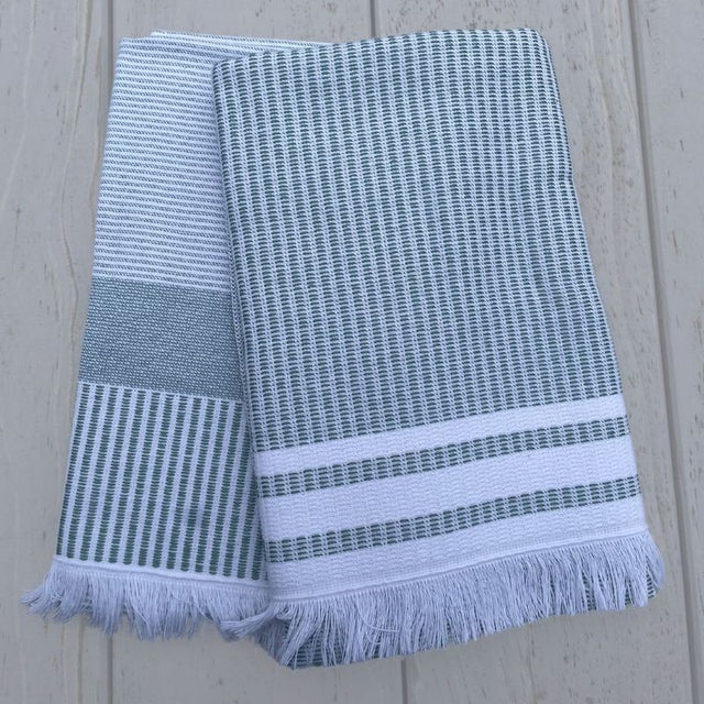 Set of 2 sea foam striped kitchen towels by BAKSANA, made from eco-friendly cotton, perfect for drying and styling your kitchen.