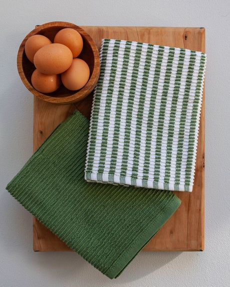 Ribbed tea towels in Herb by BAKSANA; one striped and one plain, crafted from 100% OEKO-TEX® cotton for style and absorbency.