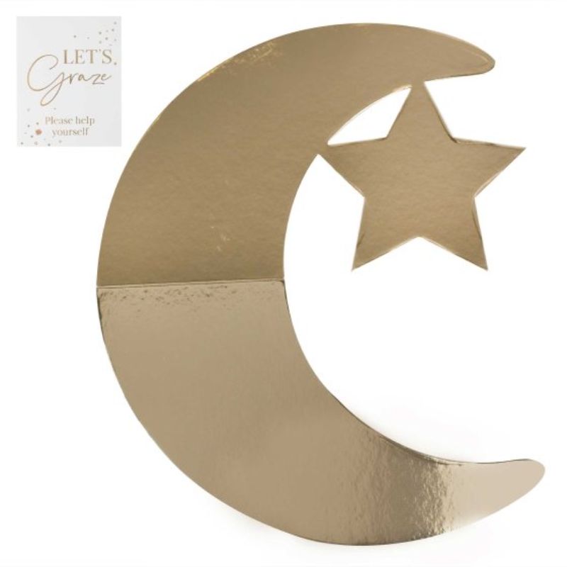 Elegant gold crescent moon and star grazing board for Eid, measuring 46.5cm x 44.7cm, with 'Let's Graze' tent sign.
