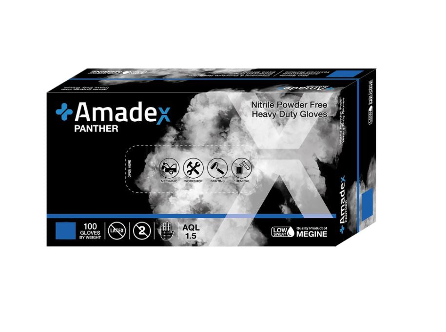AMADEX NITRILE DISPOSABLE GLOVES BLACK SIZE MEDIUM 100PCS POWDER FREE PANTHER 10