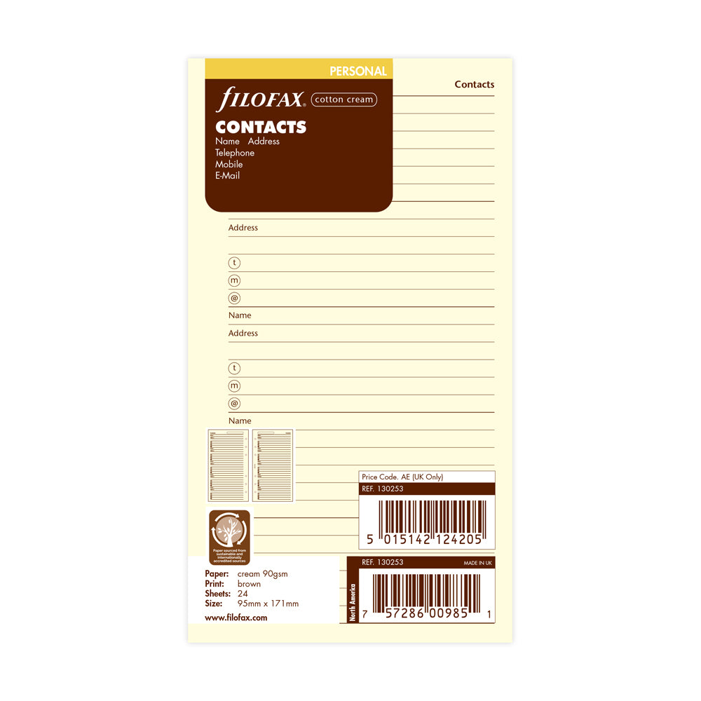 Filofax Organiser Refill Contacts Personal Cotton Cream
