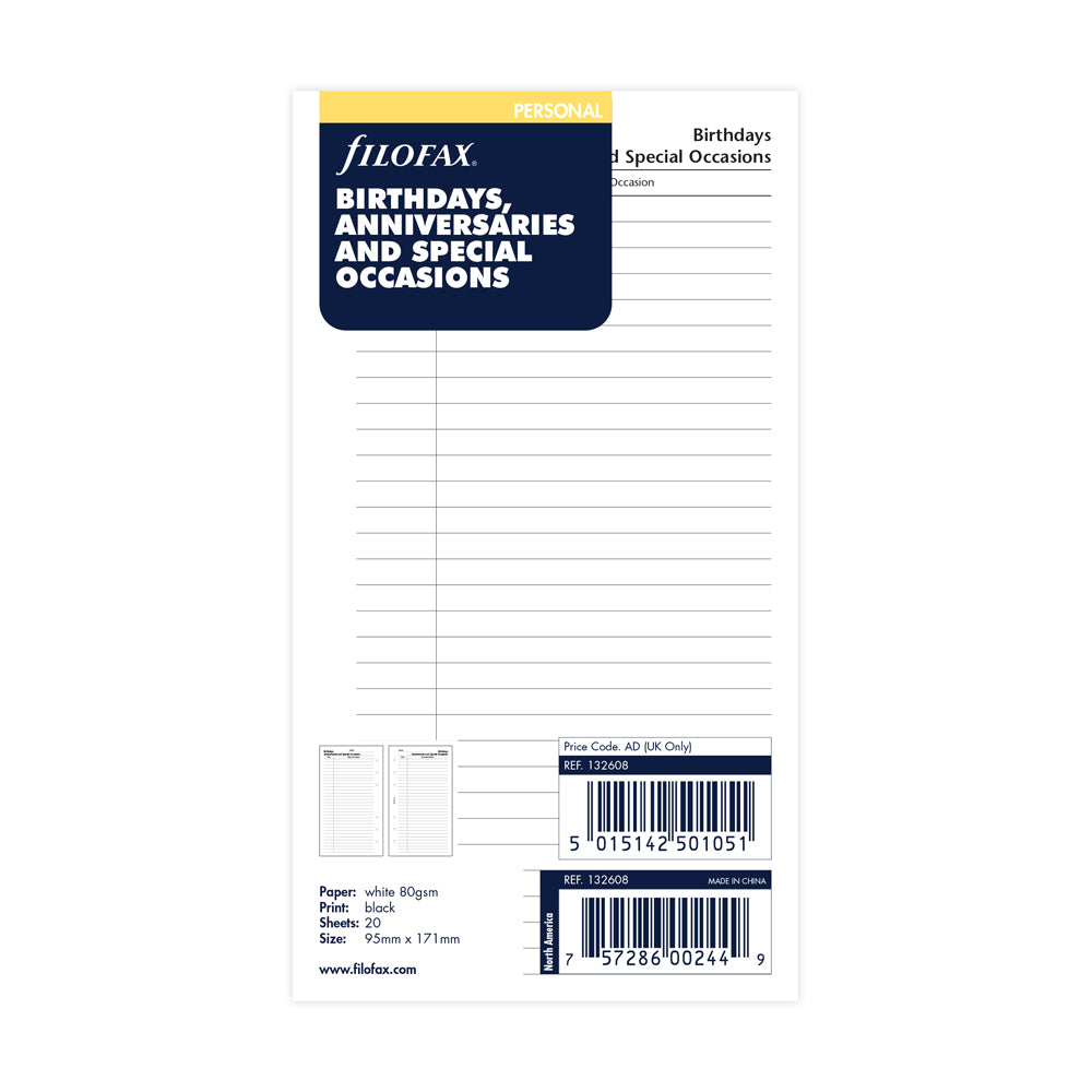 Filofax Organiser Refill Personal Special Occasions
