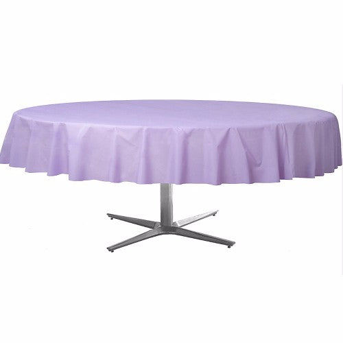 Elegant lavender lilac plastic round tablecover, 213 cm, spill-resistant for stylish event protection.