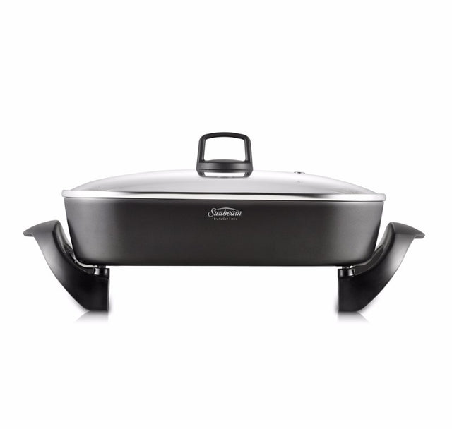 Sunbeam electric ceramic frypan with 38cm x 29.5cm size, featuring Duraceramic coating for durable, faster cooking.