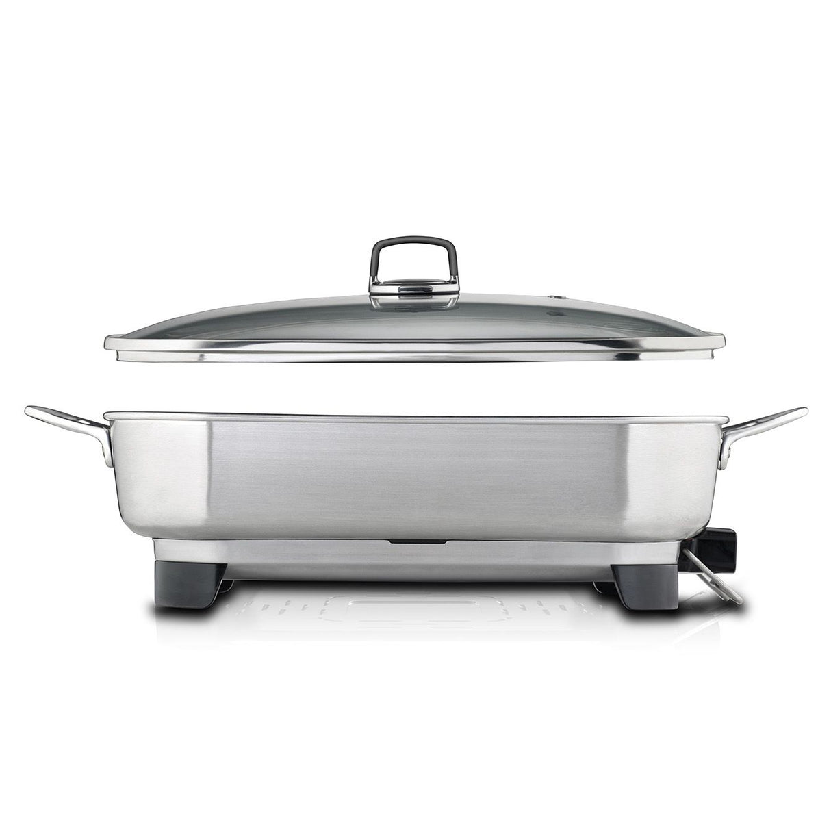 Sunbeam Ellise Stainless Steel Frypan with cool touch handles and variable temp control for versatile cooking and serving.