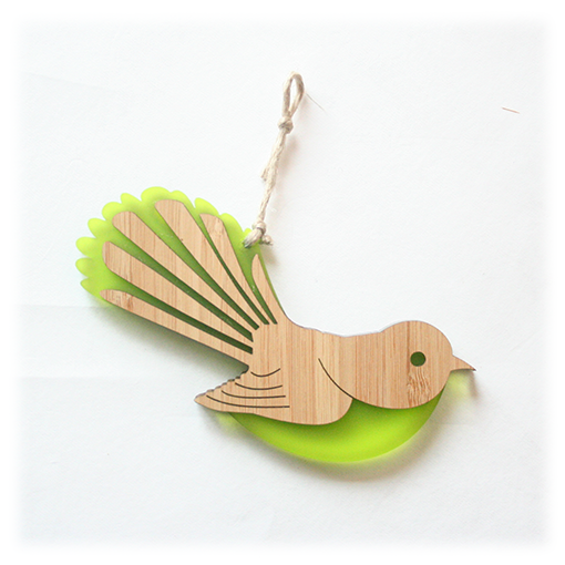 Vibrant green Fantail Ornament made from laser-cut bamboo and glossy satin acrylic, ideal for festive decor or gifting.