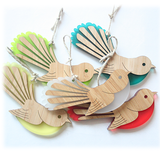 Yellow Fantail Ornament made from laser-cut bamboo and satin acrylic, ideal for Christmas trees or festive decor.