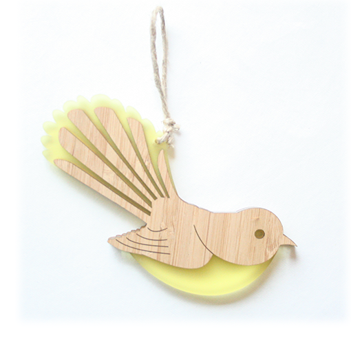 Yellow Fantail Ornament made of laser-cut bamboo and satin acrylic, perfect for holiday decor and gifting.