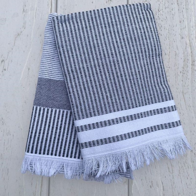 Set of 2 grey kitchen towels by BAKSANA, made from 100% cotton, stylish striped design for functional kitchen use.