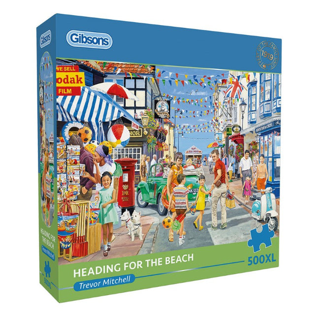 GIBSONS HEADING FOR THE BEACH 500XL puzzle featuring a vibrant beach scene with oversized pieces for easy assembly.