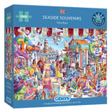 1000-piece Gibsons Seaside Souvenirs puzzle featuring vibrant beach-themed artwork by Tony Ryan, perfect for family fun.