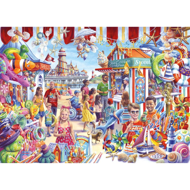 1000-piece Gibsons Seaside Souvenirs jigsaw puzzle featuring vibrant beach scenes and eco-friendly cardboard construction.