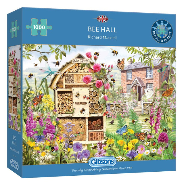 GIBSONS Bee Hall 1000-piece jigsaw puzzle featuring bees, flowers, and a charming cottage in a vibrant garden scene.