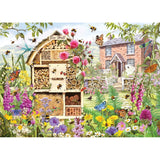 Gibsons Bee Hall 1000-piece puzzle featuring vibrant bees and a cottage in a lush garden, perfect for nature lovers.