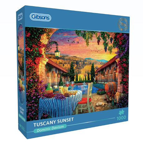 Gibsons Tuscany Sunset jigsaw puzzle featuring a vibrant sunset over vineyards, 1000 pieces ideal for art lovers.