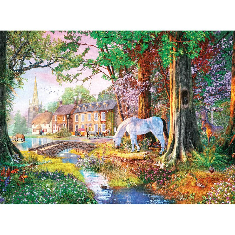 1000-piece jigsaw puzzle featuring New Forest ponies by a stream, beautifully illustrated by Dominic Davison.