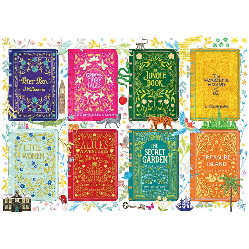 1000-piece jigsaw puzzle featuring vibrant classic book cover art by Josie Shenoy, celebrating timeless literary treasures.