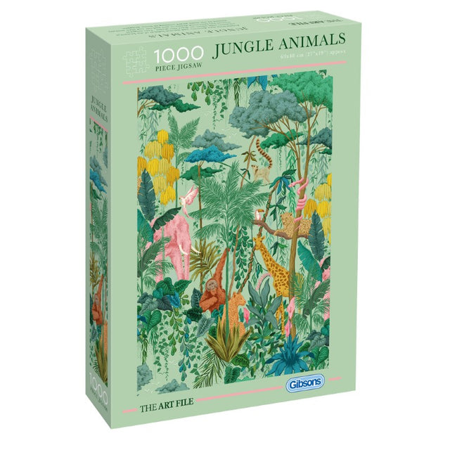 500-piece jigsaw puzzle featuring vibrant jungle wildlife illustrations, including anaconda, elephant, and lemurs.