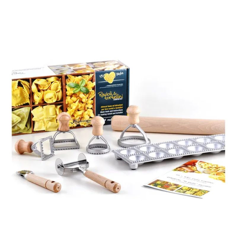 RAVIOLI & TORTELLINI STARTER SET with ravioli tray, rolling pin, cutters, and instruction booklet for homemade pasta