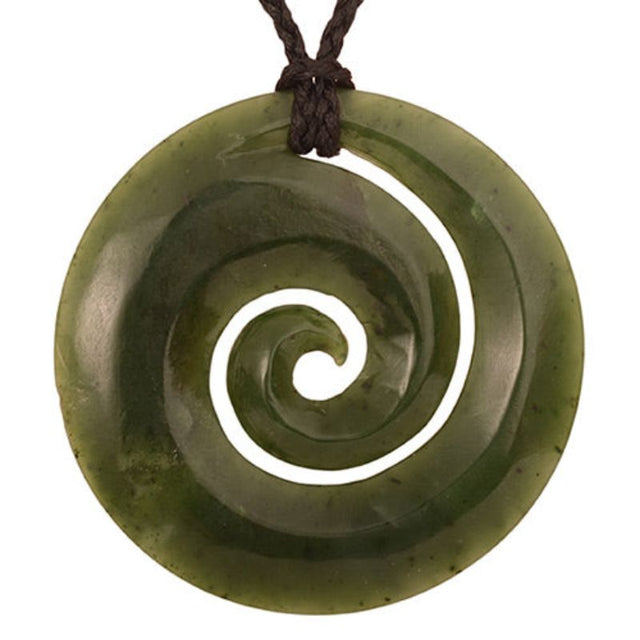 Greenstone Closed Koru Pendant, 60mm Nephrite Jade, symbolizing new beginnings, strung on an adjustable black wax cord.