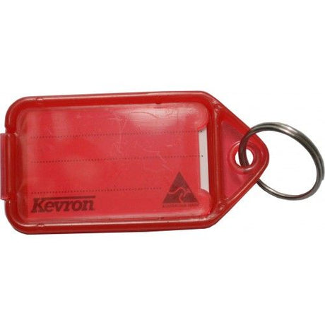 Giant loose key tag in vibrant red, featuring durable plastic, spacious design, and easy label insertion for key organization.