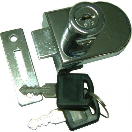 Chrome plated swinging glass door lock for stylish security in cabinets and retail displays.