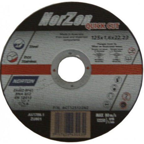 High-speed Grind Cut-Off Disc Norzon Norton 125x1.6x22 mm for smooth stainless steel and metal cutting.