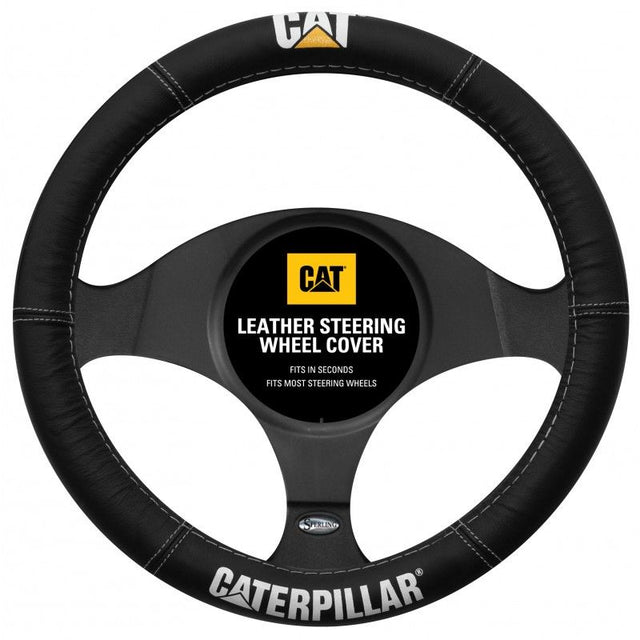 Black leather CAT steering wheel cover enhances grip and style, fits 15” wheels, features licensed CAT logo.