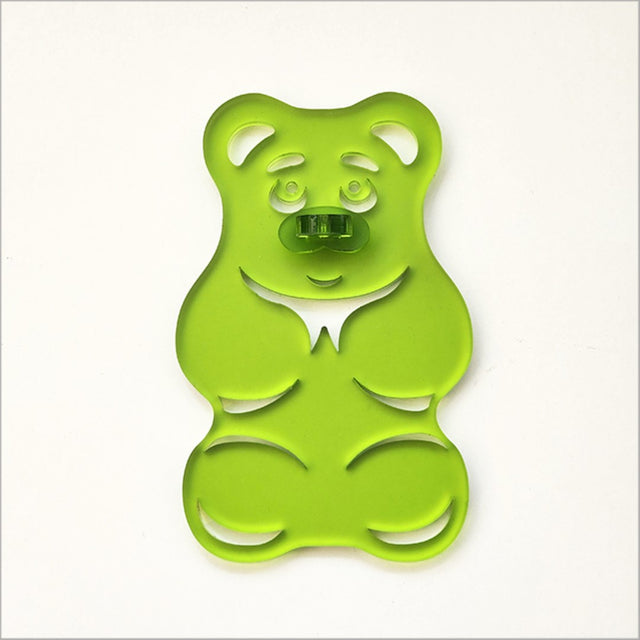 Lime green satin acrylic Gummy Bear wall art, 88mm x 139mm, playful and moisture-resistant decor piece.