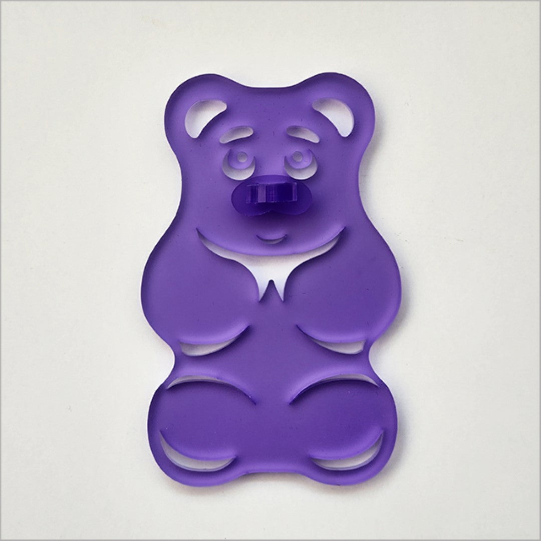 Purple satin acrylic gummy bear art piece, 88mm x 139mm, frosted finish perfect for home decor.