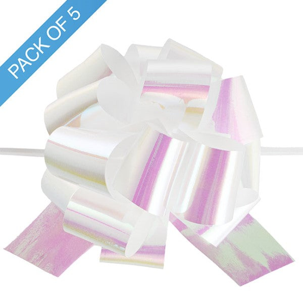 Ribbon Pull Bow Pom Pom Irridescent White 32mmx12.5cm Pk5.