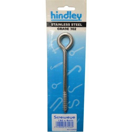 Stainless Screweye 150x8mm by Hindley, durable and corrosion-resistant for securing ropes and cables in various projects.