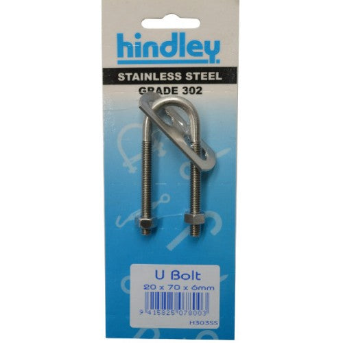 Stainless U Bolt 20x70x6mm   Carded  Hindley