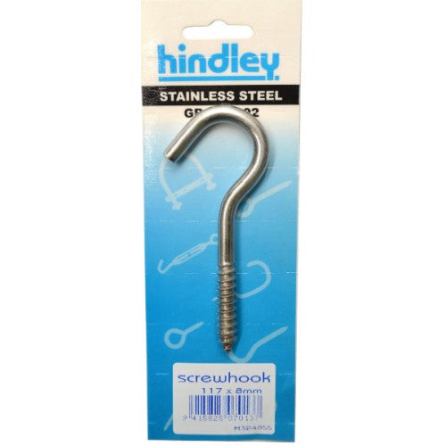 Stainless Screwhook 117x8mm from Hindley, durable and versatile for secure hanging indoors or outdoors.