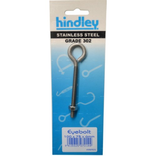 Stainless Eyebolt 100x75x6mm by Hindley, sturdy, corrosion-resistant, ideal for industrial and DIY projects.