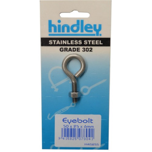 Hindley stainless eyebolt, 50x25x6mm, durable and corrosion-resistant for marine and construction use.