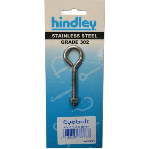 Stainless Eyebolt 75x50x6mm by Hindley, durable and corrosion-resistant for heavy lifting and securing projects.