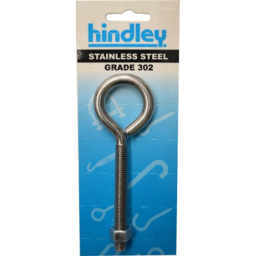 Stainless steel eyebolt 125x81x10mm by Hindley, ideal for robust rigging and fastening applications, carded for easy access.