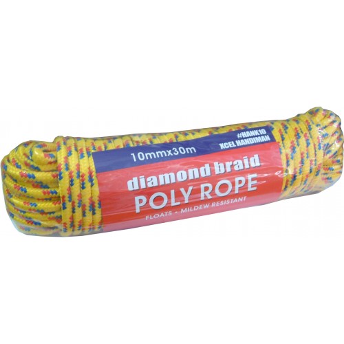 Durable 10mm x 30m polypropylene rope with a diamond braid, perfect for outdoor activities and versatile applications.